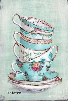 a painting of tea cups stacked on top of each other