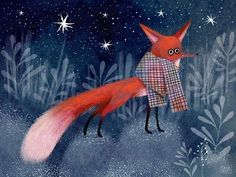 a painting of a red fox wearing a plaid coat and standing in the snow at night