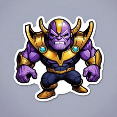 an image of a purple and gold character sticker on a gray background with blue eyes