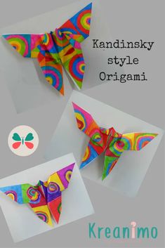 three colorful origami butterflies sitting on top of each other with the words kandisky style origami below them