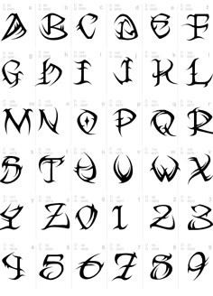 the alphabets and numbers are drawn in black ink on white paper, each letter has different