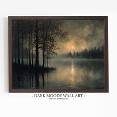 a painting with the words dark mood wall art on it's side and trees in the background