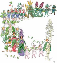 an illustration of people dressed in fairy costumes and holding flowers, surrounded by other characters