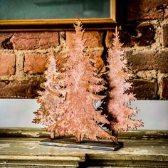 two small trees sitting on top of a wooden table next to a brick wall and window