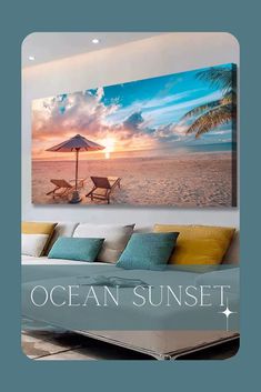 an ocean sunset with two beach chairs and umbrella