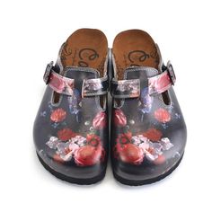 Cushioned Running Shoes, Cork Heels, Artificial Leather, Red Floral, Shoe Shop, Mule, Black Red, Clogs, Baby Shoes