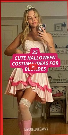 a woman in a pink dress holding a cell phone and wearing thigh high stockings with the words 25 cute halloween costume ideas for blj dfs