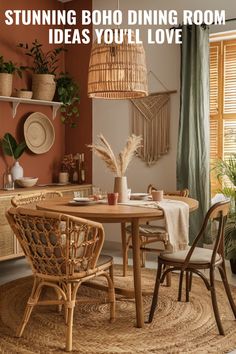 the dining room is decorated with rattan chairs