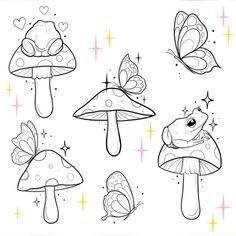 butterflies and mushrooms with stars in the background, coloring pages for children's books