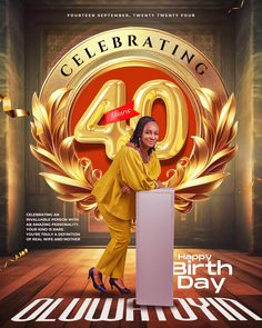 a woman standing behind a podium in front of a sign that says celebrating 40 years