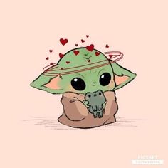 a baby yoda with hearts on it's head holding a small object in its hands