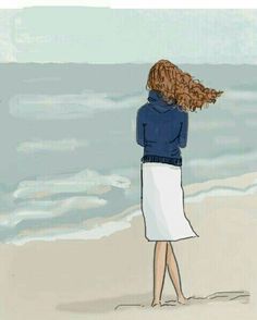 a drawing of a woman standing on the beach looking out at the ocean with her hair blowing in the wind