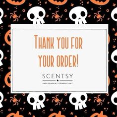 a thank card with skulls and pumpkins on it, says thank you for your order