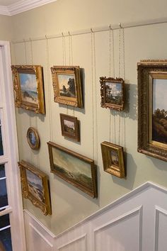 Hanging art with brass chains from a wooden picture rail Picture Rail Ideas, Picture Rail Hanging, Artwork Installation, Picture Rail Molding, Interior Moulding, Picture Rails, Systems Art, Picture Gallery Wall, Victorian Pictures