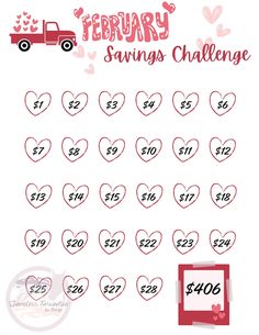 a valentine's day savings chart with hearts on it and the words, february savings challenge