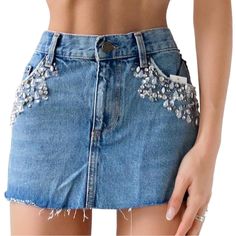 Brand New With Tags Embellished Jeweled And Beaded Micro Mini Denim Skirt By Bdg / Urban Outfitters! No Longer Available, Retailed For $99. Size Medium, Would Also Fit A Small Dm For Measurements And I Can Get Them For You Nwt, Absolutely No Flaws Or Missing Stones! Sooo Y2k And Mcbling, I Love This Skirt So Much **Please Review All Photos And Item Description Carefully As All Sales Are Final. If You Have Any Questions, Feel Free To Send Me A Message!** #Y2k #Bdg #Urbanoutfitters #Nwt #Mcbling Summer Party Denim Mini Skirt, Party Blue Denim Skirt, Sequin Denim Bottoms For Spring, Blue Denim Sequined Bottoms, Denim Mini Bottoms For Party, Spring Skirt With Rhinestone Fringe, Denim Blue Embellished Bottoms, Fitted Mini Skirt With Rhinestone Fringe For Spring, Fitted Skirt With Rhinestone Fringe