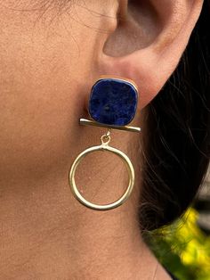 Hand formed 18 k  gold dipped earrings with lapis lazuli Approximate diameter - 1.75 inches Handmade jewelry - Lightweight brass earrings that make an elegant and fun statement - Each piece is individually handmade with care - Nickel free Gold Pierced Earrings With Lapis Lazuli, Pierced Lapis Lazuli Dangle Jewelry, Handmade Gold Lapis Lazuli Earrings, Handmade Round Lapis Lazuli Earrings, Handmade Lapis Lazuli Bohemian Earrings, Lapis Lazuli Earrings, Gold Dipped, Gold Gold, Brass Earrings