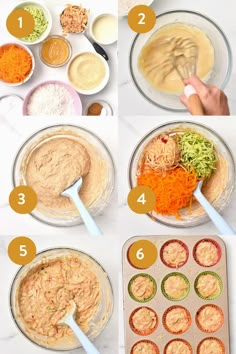 the steps to making carrot cupcakes are shown