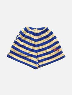 Blue/Yellow | A front view of kid's Riviera Shorts in blue/yellow stripe Zara Summer Outfits, Teeth Caps, Zara Summer, Korean Brand, Retro Fits, Korean Brands, Logo Embroidery, Striped Shorts, Embroidery Logo