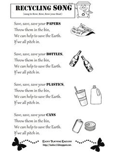 the recycling song is shown in this black and white poster, with instructions to recycl