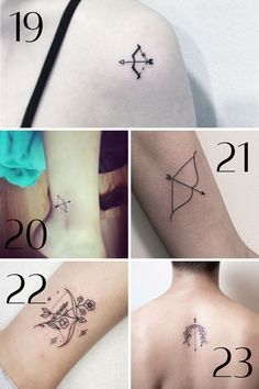 four different tattoos on the back of someone's neck and arm, with numbers in them