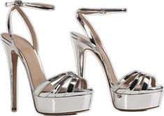 Luxury Metallic Sandals With 4-inch Heel, Chic Metallic Silver Heels With Heel Strap, Glamorous Metallic Sandals With 4-inch Heel, Glamorous Metallic Sandals With Wrapped Heel, Sleek Silver Patent Leather Heels, Luxury Metallic Sandals With Heel Strap, Luxury Metallic Open Toe Sandals, Silver Heels With Heel Strap In Patent Leather, Glamorous Patent Leather Sandals For Gala