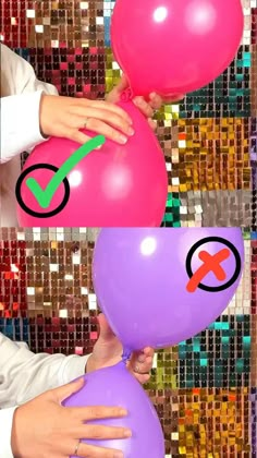 two balloons with tick marks on them are being held by someone's hand and another balloon has a tick mark on it