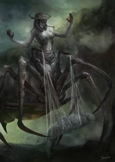 a painting of a woman on top of a giant spider with her hands in the air