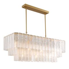 a large rectangular chandelier hanging from the ceiling with clear glass blocks on it