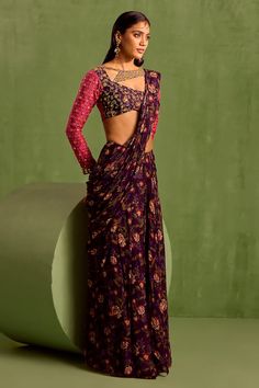 Purple pre-draped saree with all over floral prints. Paired with a padded blouse with placement embroidery using gold zari work and motif prints. - Aza Fashions Dhoti Saree, Cotton Sarees Handloom, Placement Embroidery, Draped Saree, Ruffle Saree, Padded Blouse, Drape Saree, Lehenga Saree, Zari Work