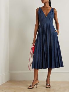 VALENTINO GARAVANI Embellished plissé-denim midi dress | NET-A-PORTER Denim Midi Dress, Knitwear Tops, Pleated Midi Skirt, Red Valentino, Beauty Sets, Clothes Collection, Jeans Dress, Net A Porter, Valentino Garavani