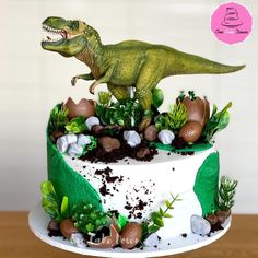 a dinosaur cake with plants and rocks on top