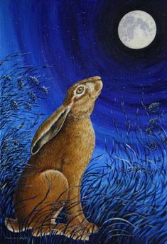 a painting of a brown rabbit sitting in the grass at night under a full moon