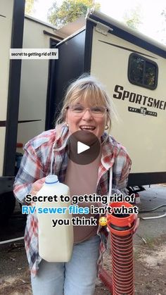 a woman holding a canister next to a camper with the words secret together