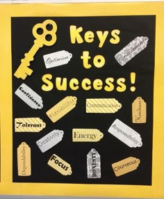 a bulletin board with keys to success written in yellow and black on it, surrounded by other magnets