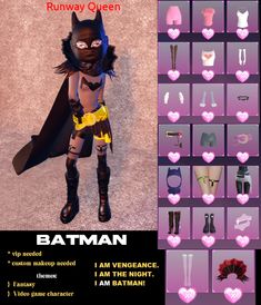 an image of a batman costume and accessories for the female catwoman in this video game