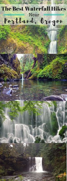 the waterfall is surrounded by green plants and water flowing from it's sides to the ground