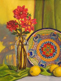 a painting of flowers in a vase next to plates and lemons