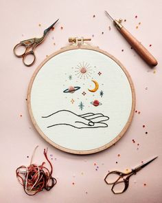 an embroidery project with scissors, thread and sprinkles