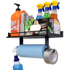 a shelf that has various cleaning products on it