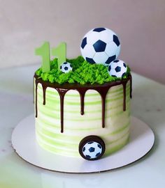 a birthday cake with soccer balls and grass on top