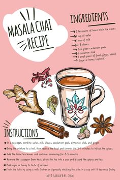 the ingredients for masala chai recipe are shown in this hand - drawn illustration