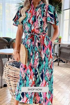 Fashion Casual Loose Abstract Print Short Sleeve Shirt Maxi Dress Casual Multicolor Shirt Dress For The Beach, Casual Multicolor Shirt Dress For Beach, Casual Multicolor Shirt Dress For Summer, Casual Dresses With Colorful Pattern, Printed Short Sleeve Shirt Dress For Beach, Casual Colorful Patterned Maxi Dress, Casual Summer Midi Dress With Colorful Pattern, Colorful Pattern Short Sleeve Summer Dresses, Casual Multicolor V-neck Shirt Dress