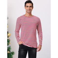 This long-sleeve T-shirt features a trendy contrasting stripe throughout for a casual, youthful look. A variety of colors are available for you to choose from. Made of soft, breathable fabric, these striped long sleeves make you feel comfortable. A classic, versatile long-sleeve tee that pairs easily with your jeans or slacks. Striped long sleeves are suitable for vacations, sports, school, work, dating, street shooting, and other occasions. Striped Crew Neck Top For Winter, Winter Cotton Tops With Striped Hem, Winter Long Sleeve Striped Top, Red Tops With Contrast Stripes For Winter, Winter Red Tops With Contrast Stripes, Striped Long Sleeve T-shirt For Fall, Winter Long Sleeve Horizontal Stripe Top, Long Sleeve Horizontal Stripe Winter Top, Casual Long Sleeve T-shirt With Striped Sleeves