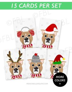 four christmas cards with dogs wearing hats and scarves