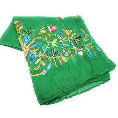 Soft Handmade Thai Cotton Scarf Or Shawl With Colorful Floral Embroidery 100% Cotton This Beautiful Scarf Is Made Of Soft Thai Cotton And Richly Embroidered In A Colorful Floral Pattern. Approximate Size: 68" X 28" It Is Wide Enough That It Could Alternatively Be Used As A Shawl Each Scarf Is 100% Unique, Made By Artisans In Thailand. The Cotton Fabric Is Very Soft And Gauzy - It Can Add A Colorful And Stylish Accent To Any Outfit. This Scarf Makes A Lovely Gift For Any Occasion. Green Resham Embroidery Dupatta For Spring, Green Resham Embroidered Dupatta For Spring, Spring Green Dupatta With Resham Embroidery, Green Dupatta With Resham Embroidery For Spring, Green Embroidered Bohemian Shawl, Multicolor Floral Embroidered Shawl For Festival, Multicolor Floral Embroidered Festival Shawl, Traditional Green Embroidered Fabric For Spring, Traditional Embroidered Green Shawl