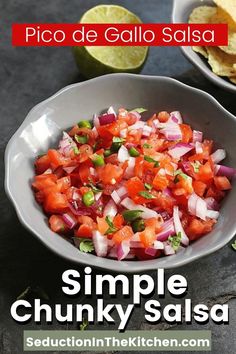 a white bowl filled with salsa next to tortilla chips