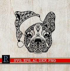 an image of a french bulldog with ornate patterns on it's face, in black and white