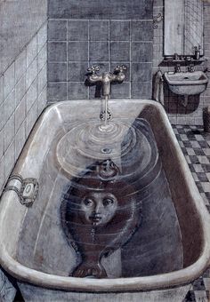 a drawing of a woman's face in a bathtub