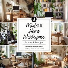 modern home work space with plants and desks in various photos, including bookshelves